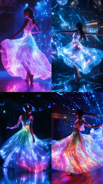 一个身穿发光连衣裙子的女孩，裙子有发光效果，在舞台上跳舞。