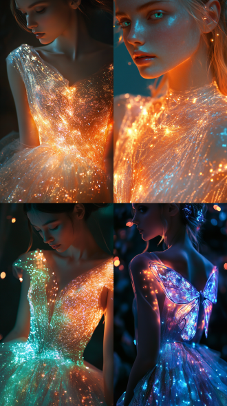 一个身穿发光连衣裙子的女孩，裙子有发光效果，近身。