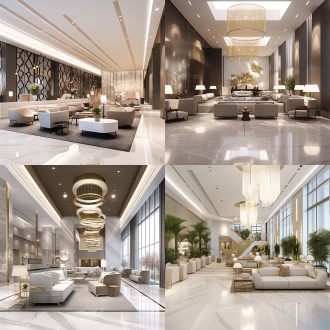 酒店大厅接待沙发，对称布局，现代简约风，大理石地面，暖白主调，长焦镜头，顶光，安静氛围，高品质感。