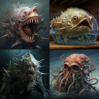 it's a monster, it's ugly, it has 100 pairs of feet, three heads, a huge mouth, bulging eyes, some fins, and the skin all over its body is full of bubbles