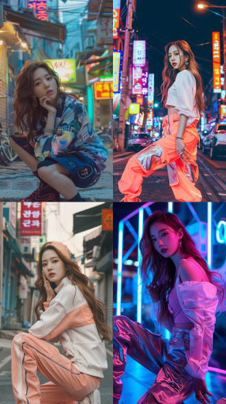 韩国女子组合少女时代，正面展示多样潮牌服装，品牌为耐克，动作妩媚，宽松版型，3d效果，街区背景，现代复古街头风，侧光，广角，冷色高对比，五官清晰，手部细节细腻，鞋子细节明显，超高清画质