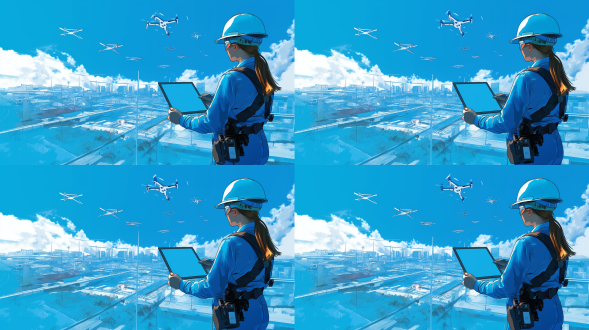 人戴安全帽持平板看城市发展，空中无人机飞，手绘插画，对角线构图，蓝色调，超广角镜头，侧光，专注神情。