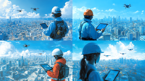 人戴安全帽持平板看城市发展，空中无人机飞，三分构图，手绘风，蓝色调，城市环境，广角镜，顶光，凝视，憧憬。