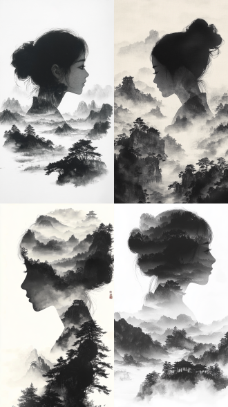 南宋院体山水画风 青年侧脸剪影 水墨晕染扩散效果 墨色浓度#2b1b17至#413832渐变 枯笔飞白技法 留白占画面60%