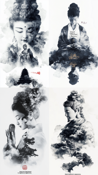 佛经扉页腐蚀特效 篆刻印章"离相破执" 朱砂色#9d2933 骨骼金箔化分解 墨色背景与金尘对比度1:5