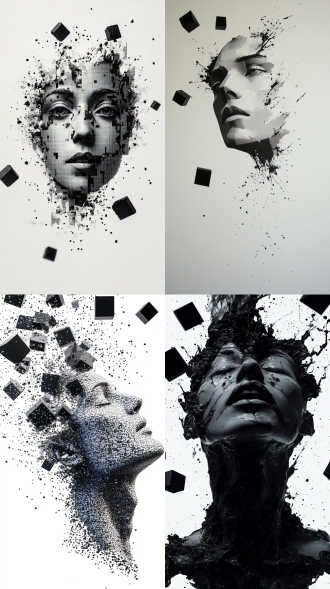 包豪斯构成主义 人体几何解构 黑白灰极简美学 悬浮二进制经文 激光投影水墨 纯白背景坠落黑色立方体，碰撞溅出墨点构成人脸轮廓