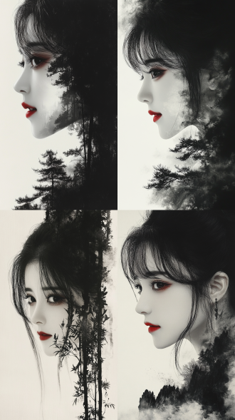 南宋梁楷减笔描技法 素白宣纸上晕染出美艳女子轮廓 朱砂点唇 背景檀皮宣纸质感 墨色浓度#2b1b17至#413832渐变 枯笔飞白技法 留白占画面60%