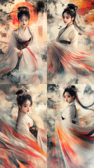 "post-modern interpretation of ancient chinese masterpiece, female deity surrounded by semi-transparent geometric prisms, flowing hanfu transformed into contemporary pleated design with led edge lighting, traditional cloud patterns reimagined as fluid data streams, holographic ink wash effects, spiritual aura visible through chromatic aberration, 4k digital painting with traditional ink texture overlay