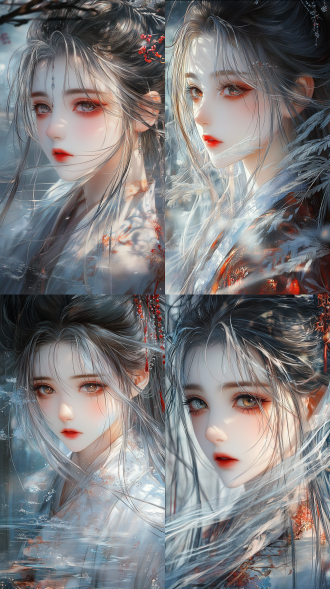 霍布马超写实，18岁亚洲少女，杏仁形瑞凤眼含琥珀光晕，山根至鼻尖的折角呈现 110 度黄金比例，唇峰间距精确到面宽的 1/6，颧骨光影如青花瓷曲面般流动，银色长发及腰，珍珠肌(肌肤未来377参数)，荧光蕨类雨林，月光冷色调(色温4000k)