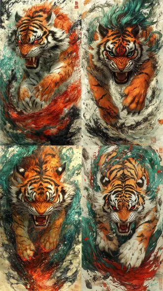 凶猛穷奇咆哮于深红与墨黑色漩涡中心，虎豹身躯肌肉虬结，背生双翼与骨刺，毛发乌黑带电光，赤红双眼透出深红光芒，利齿如钩，爪痕划破空间，烈焰与黑雾缠绕，水墨与暗黑哥特风格结合，暴力美学，狂野张力