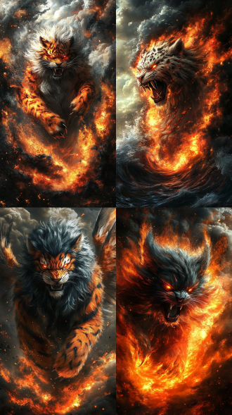凶猛穷奇咆哮于深红与墨黑色漩涡中心，虎豹身躯肌肉虬结，背生双翼与骨刺，毛发乌黑带电光，赤红双眼透出深红光芒，利齿如钩，爪痕划破空间，烈焰与黑雾缠绕，水墨与暗黑哥特风格结合，暴力美学，狂野张力