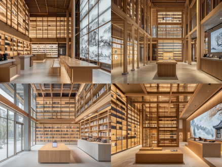 新中式极简风格室内，浅木色榫卯结构梁柱，墙面留白搭配水墨山水投影；中央为挑空书塔（书架从地面延伸至屋顶），书塔侧面嵌入led屏幕显示古籍数字化内容；左侧玻璃隔断自习区配备无线充电木桌，右侧咖啡吧台采用再生混凝土台面与铜制咖啡机