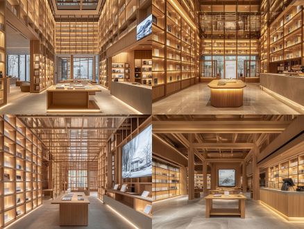 新中式极简风格室内，浅木色榫卯结构梁柱，墙面留白搭配水墨山水投影；中央为挑空书塔（书架从地面延伸至屋顶），书塔侧面嵌入led屏幕显示古籍数字化内容；左侧玻璃隔断自习区配备无线充电木桌，右侧咖啡吧台采用再生混凝土台面与铜制咖啡机，超广角，暖光，典雅氛围，摄影写实风格