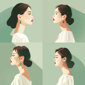 flat illustration of a girl, background in avocado green, minimalist art, white dress, red lipstick, alluring gaze, green vintage earrings, profile view, soft lighting, muted tones, serene ambiance.