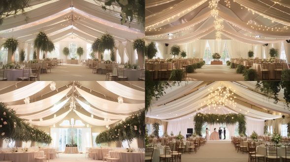 韩式婚礼飘顶，布幔绿植垂吊，对称构图，教堂内，暖白光，长焦镜头，柔焦，梦幻氛围，香槟色，浪漫。