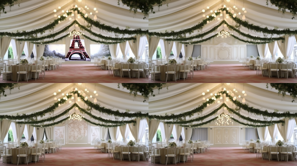 把第一张图的婚礼吊顶放在第二张图的位置，设计韩式婚礼飘顶，以布幔为主体，每层布幔之间垂吊绿植