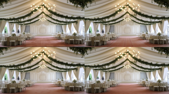 把第一张图的婚礼吊顶放在第二张图的位置，设计韩式婚礼飘顶，以布幔为主体，每层布幔之间垂吊绿植