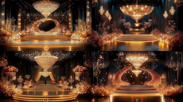 璀璨百老汇街景，t台布满花艺，吊顶水晶灯闪耀，对称构图，商业氛围，暖光，长焦镜头，华丽色彩，时尚活力。