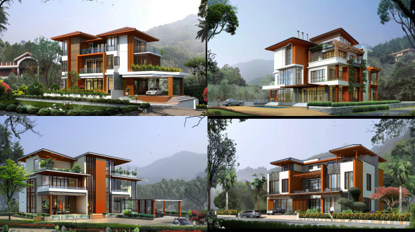 一、别墅整体风格与氛围 现代简约风格（建筑师赖特风格）：请绘制一座现代简约风格的别墅，地块尺寸是宽10米，深12米，共四层，首层架空层高2.1米做停车库和室内绿化，二层高3.5米，三层3米，4层3米，以清新明亮的色调为主，线条简洁流畅，展现出时尚与大气。 自然融合：别墅应巧妙地融入周围的自然环境，仿佛是大自然的一部分，周围绿树成荫，花草繁茂，营造出宁静和谐的氛围。 二、别墅室外设计 宽敞庭院：请绘制别墅前宽敞的庭院，庭院中布置有休闲桌椅和户外烧烤区，家人和朋友可以在此享受户外活动和聚会。 清澈游泳池：在别墅旁边设计一个室外游泳池，池水清澈透明，周围铺设仿木地板，增添一份奢华与舒适。 精心布置的花园：绘制一个精心设计的花园，种植各种花卉和绿植，形成美丽的花海景观，为别墅增添生机与活力。 露台与观景：设计一个宽敞的露台，配备休闲桌椅和躺椅，供居民日常休闲和享受户外阳光，同时俯瞰整个别墅区的美丽景色。