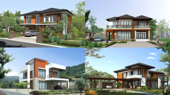 宽10米、深12米、4层高的别墅，首层架空2.1米设车库与室内绿化空间，二层高3.5米设一个客厅一个饭厅一个厨房，三层3.0米设一个套房，四层3.0米设一个套房，具赖特风格。左右及后方均为邻居别墅，建筑线条自然流畅，与周边别墅既相区别又和谐统一，自然材质尽显，融入周边环境 。