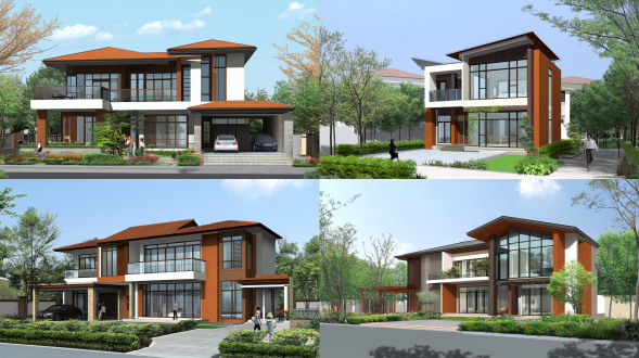 宽10米、深12米、4层高的别墅，首层架空2.1米设车库与室内绿化空间，二层高3.5米设一个客厅一个饭厅一个厨房，三层3.0米设一个套房，四层3.0米设一个套房，具赖特风格。左右及后方均为邻居别墅，建筑线条自然流畅，与周边别墅既相区别又和谐统一，自然材质尽显，融入周边环境 。