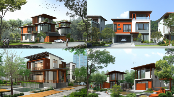 赖特风格四层别墅，首层架空有车库绿化，各层功能明确，周边有邻居别墅，自然材质，线条流畅，鸟瞰视角，暖光，和谐氛围。