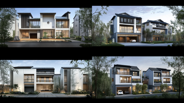 新中式风格四层别墅，首层全架空有车库和室内绿化，各层功能明确，周边有邻居别墅，自然材质，线条流畅，鸟瞰视角，暖光，和谐氛围