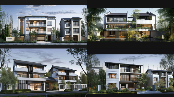 新中式风格四层别墅，首层全架空有车库和室内绿化，各层功能明确，周边有邻居别墅，自然材质，线条流畅，鸟瞰视角，暖光，和谐氛围