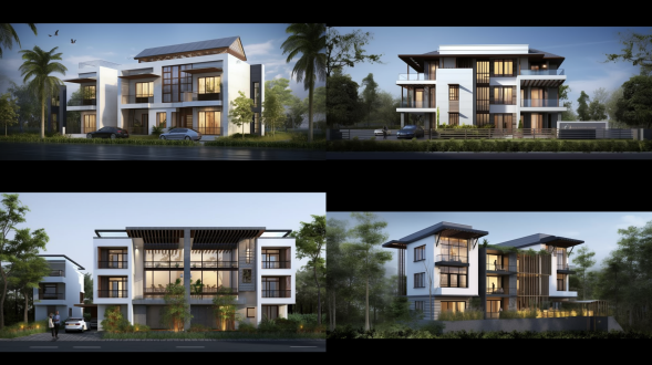 新中式风格四层别墅，首层全架空有车库和室内绿化，各层功能明确，周边有邻居别墅，自然材质，线条流畅，鸟瞰视角，暖光，和谐氛围