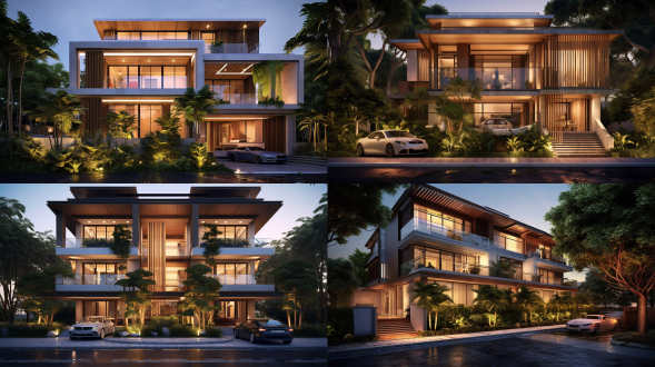 新中式风格四层别墅，首层全架空有车库和室内绿化，各层功能明确，周边有邻居别墅，自然材质，线条流畅，鸟瞰视角，暖光，和谐氛围