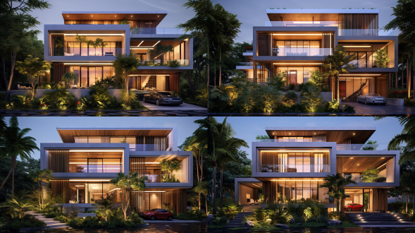 新中式风格四层别墅，首层全架空有车库和室内绿化，各层功能明确，周边有邻居别墅，自然材质，线条流畅，鸟瞰视角，暖光，和谐氛围