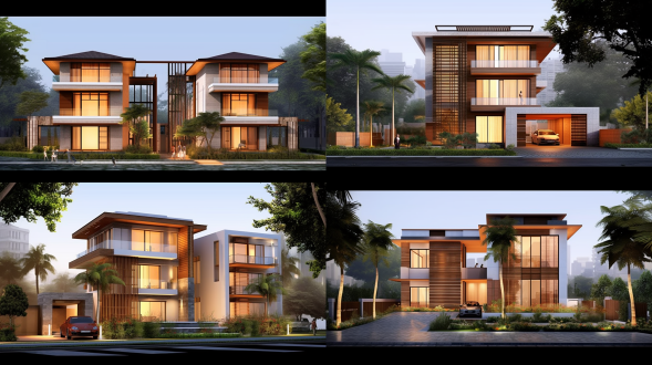 新中式风格四层别墅，首层全架空有车库和室内绿化，各层功能明确，周边有邻居别墅，自然材质，线条流畅，鸟瞰视角，暖光，和谐氛围