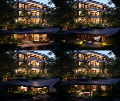 新中式风格四层别墅，首层全架空有车库和室内绿化，各层功能明确，周边有邻居别墅，自然材质，线条流畅，鸟瞰视角，暖光，和谐氛围