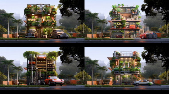 新中式风格四层别墅，首层全架空有车库和室内绿化，各层功能明确，周边有邻居别墅，自然材质，线条流畅，鸟瞰视角，暖光，和谐氛围