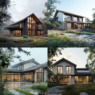 设计一个中国乡村别墅，三层楼高，modern farmhouse architecture ，asymmetrical roofline with gabled forms，deep overhanging eaves (600mm+)，fenestration pattern with mullioned windows，lime-washed brick facade，distressed metal patina，biophilic design principles，wildflower meadow foreground，misty morning ambiance ，japanese engawa veranda，rooftop observation deck，solar panel array integration，triple-glazed windows，herb garden with trellis，settling cracks in plaster ，tilt-shift photography，