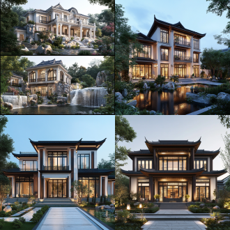 设计一个中国乡村别墅，三层楼高，