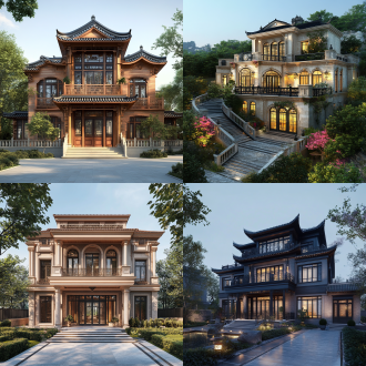 设计一个中国乡村别墅，四层楼高，仿欧式