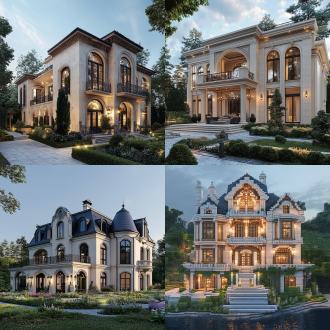 设计一个乡村别墅，四层楼高，仿欧式