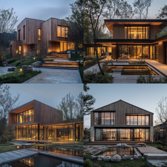 cottagecore aesthetic + weathered cedar cladding + terrain-integrated foundation + golden hour illumination，china country villas
