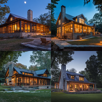 rustic vernacular design，stone foundation detailing，dry-stacked local fieldstone，distressed metal patina，permeable paving system，moonlit night rendering，interior glow through muntin windows，appalachian porch swing ，wrap-around screened porch，trombe wall construction ，woodsmoke from chimney ，china country villas