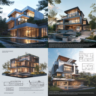 basic framework】 "ultra-high-definition 8k architectural rendering of a modernist style villa, located on a plot within a villa area, covering an area of [10m x 12m = 120㎡], with the main structure made of [material: concrete + glass/natural stone + wood veneer], a four-story stepped flat structure, panoramic floor-to-ceiling windows with an intelligent sun shading system."【core design features】1. façade design: - parametric design metal grille facade (three-color split brick exterior tiles, part anodized aluminum profile grilles) - vertical greenery system with a coverage rate of 30%, integrated with automatic irrigation devices - geometrically cut roof shape (flat roof combined with single-pitched roof)2. spatial layout: - ground floor: dual living room system (formal living room + family room) + fully open kitchen and dining area - second floor: master bedroom suite (including walk-in closet + starry sky bathroom) - basement: home theater (dolby atmos sound system) + climate-controlled wine cellar + gym3. landscape system: - entrance landscape: mirror water feature + shaped black pine combination - central courtyard: edgeless swimming pool (15m length) + sunken fire pit leisure area - rooftop garden: edible landscape + solar photovoltaic glass pavilion【intelligent system integration】- full-house knx intelligent control system (lighting/temperature control/safety)- ground-source heat pump central air conditioning + capillary radiant heating- rainwater harvesting system (underground 50m³ storage pond)【material solution】- floor: portuguese gray marble + underfloor heating wood flooring- wall: italian imitation cave stone tiles + oak grille molding- bathroom: duravit smart bathroom + hansgrohe raindance system【light and shadow design】- golden hour light simulation (summer afternoon 16:30 incidence angle)- architectural outline led linear lighting (3000k warm white light)- courtyard ground embedded ground lights (adjustable color temperature mode)【extended design options】* additional modules: helicopter landing pad/underground garage lift system/overhanging edgeless swimming pool* style variants: new chinese style (green tiles, white walls + moon gate) / minimalist ( concrete + metal components) / mediterranean (arcade + terracotta tiles)it is recommended to adjust the parameter values according to the specific project requirements, with a focus on: 1. the dialogue relationship between the building and the site 2. the design of the functional space's growth potential 3. the contemporary expression of regional cultural elements 4. degree of integration of sustainable technologyif specific style deepening keywords or technical detail descripti