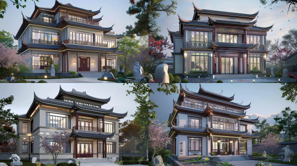 主体结构提示词： symmetrical ming dynasty-style villa with multi-tiered sloping roofs, flying eaves upturned at corners, wooden beams structure, dark red painted pillars, white plaster walls, intricate lattice windows with floral patterns, stone foundation platform 屋顶强化提示词： grey glazed tile roof with ridge ornaments (chiwen dragon motifs), double-eave hip-and-gable roof design, curved roof silhouette against sky, rainwater chains hanging from eaves 细节装饰提示词： carved stone door guardians flanking entrance, cloud-patterned balustrades, moon gate courtyard entrance, decorative dougong brackets under eaves, hanging lanterns with tassels, ink-wash calligraphy plaques 色彩方案提示词： traditional color palette of vermilion red, celadon green, mineral blue accents, warm white walls, dark walnut wood tones, glazed golden yellow details 环境氛围提示词： surrounded by classical chinese garden with koi pond, scholar's rocks, winding covered corridors, blossoming plum trees, morning mist effect, soft directional lighting accentuating roof lines 风格强化关键词： ming dynasty architectural authenticity + contemporary villa functionality + jiangnan garden integration + historical texture preservation + 8k detailed render