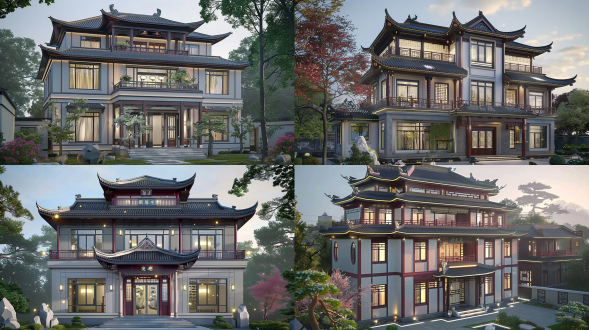 主体结构提示词： symmetrical ming dynasty-style villa with multi-tiered sloping roofs, flying eaves upturned at corners, wooden beams structure, dark red painted pillars, white plaster walls, intricate lattice windows with floral patterns, stone foundation platform 屋顶强化提示词： grey glazed tile roof with ridge ornaments (chiwen dragon motifs), double-eave hip-and-gable roof design, curved roof silhouette against sky, rainwater chains hanging from eaves 细节装饰提示词： carved stone door guardians flanking entrance, cloud-patterned balustrades, moon gate courtyard entrance, decorative dougong brackets under eaves, hanging lanterns with tassels, ink-wash calligraphy plaques 色彩方案提示词： traditional color palette of vermilion red, celadon green, mineral blue accents, warm white walls, dark walnut wood tones, glazed golden yellow details 环境氛围提示词： surrounded by classical chinese garden with koi pond, scholar's rocks, winding covered corridors, blossoming plum trees, morning mist effect, soft directional lighting accentuating roof lines 风格强化关键词： ming dynasty architectural authenticity + contemporary villa functionality + jiangnan garden integration + historical texture preservation + 8k detailed render