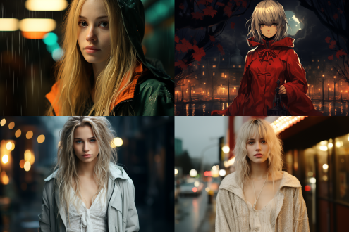 银发女孩穿大衣持武士刀立雨夜街道，三分构图，冷色调，长焦镜头，顶光，静立，孤独，动漫二次元风格。