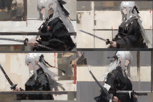 银发女孩穿着大衣，武士刀，城市街道，长焦镜头，顶光，静立，孤独，油画风