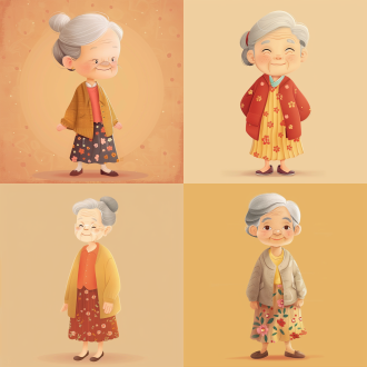70岁亚洲老妇，中式对襟小褂、马卡龙百褶裙、小布鞋，慈祥微笑，中国卡通插画，温暖色系，圆润线条，简洁治愈，特写，柔光。