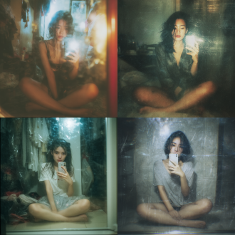 透光膜裹身湿发美女iphone对镜自拍，房间落地镜前盘坐，闪光灯快照，运动模糊，构图乱，平庸日常感，国风少女，1:1比例。