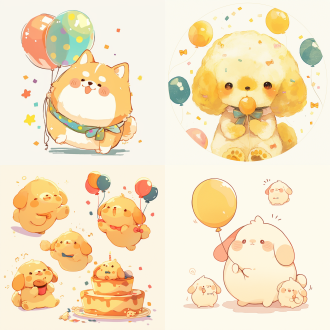 拿着气球的布丁狗出门游玩，乖巧可爱，底色白色，4张小图，卡通插画，彩色填充，温馨温暖，圆润可爱，生动活泼，线条柔和
