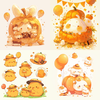 戴着南瓜帽拿着气球的pompurin出门游玩，乖巧可爱，底色白色，4张小图，卡通插画，彩色填充，温馨温暖，圆润可爱，生动活泼，线条柔和