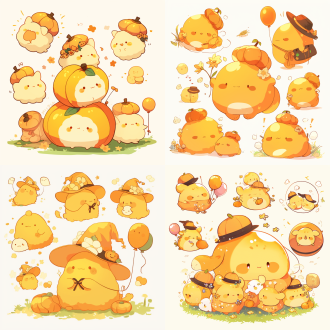 戴着南瓜帽拿着气球的pompurin出门游玩，乖巧可爱，底色白色，4张小图，卡通插画，彩色填充，温馨温暖，圆润可爱，生动活泼，线条柔和